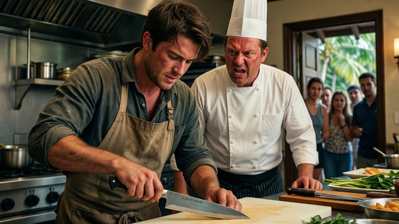 Eine dramatische Nahaufnahme in einer luxuriösen, hell erleuchteten Restaurantküche auf einer tropischen Insel. Ein junger Mann mit schmutziger Schürze und zitternden Händen poliert ein japanisches Messer. Hinter ihm steht ein wütender Chefkoch mit rotem Gesicht, der ihn anbrüllt. Im Hintergrund starren neugierige Gäste durch eine offene Tür. Stimmung: angespannt, demütigend, kontrastreich zwischen hellem Licht und dunklen Schatten. Stil: cinematisch, wie ein Standbild aus einem Drama.