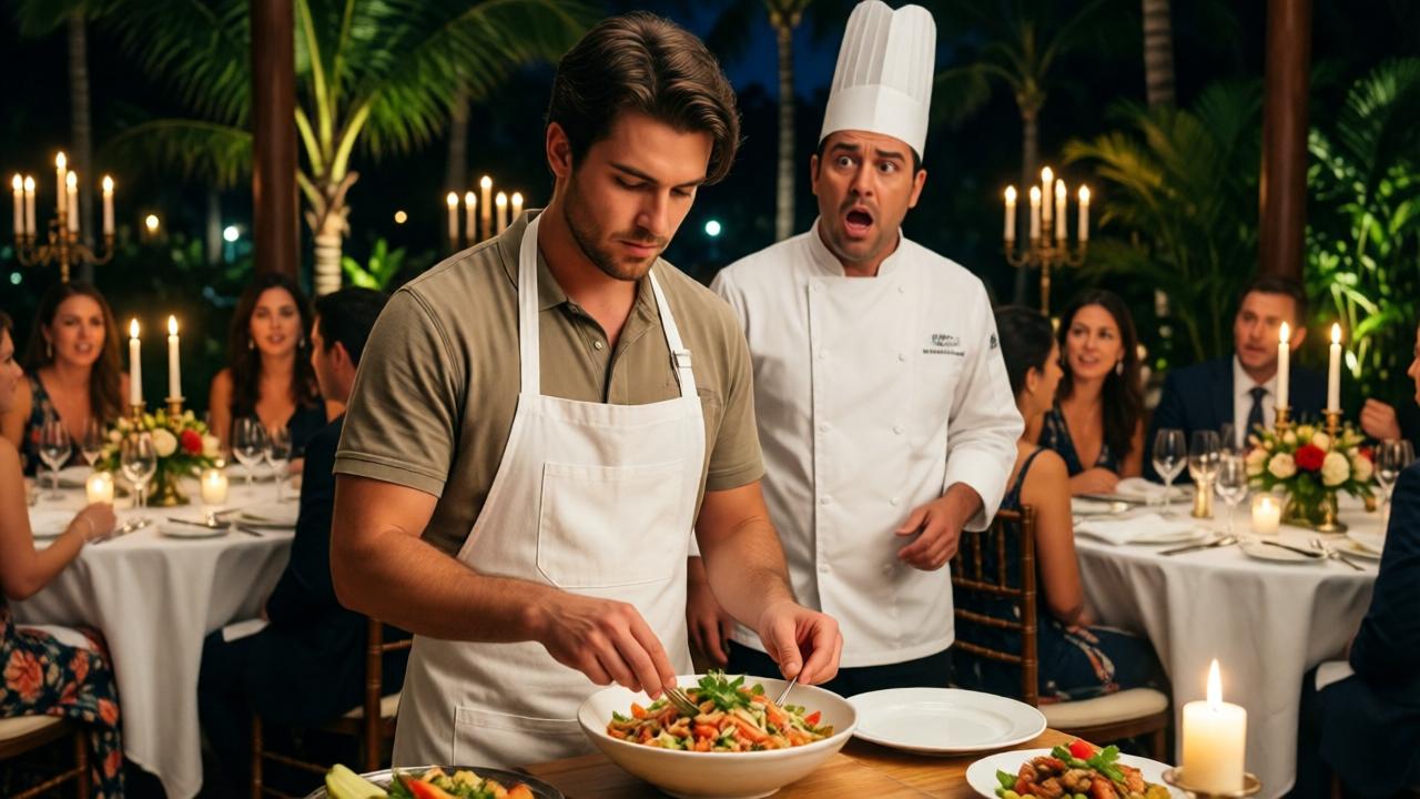 Eine luxuriöse, von Kerzen erleuchtete Gala in einem tropischen Restaurant mit weißen Tischdecken und eleganten Gästen. Im Vordergrund ein junger Mann in schlichter Tellerwäscher-Kleidung, der mit ruhigen, professionellen Bewegungen eine Ceviche zubereitet. Hinter ihm ein schockierter Chefkoch mit offenem Mund. Die Gäste starren fasziniert. Stimmung: dramatisch, spannungsgeladen, mit einem Hauch von Triumph. Stil: wie ein Filmstill aus einem Rache-Drama, warme Farben, goldene Töne.