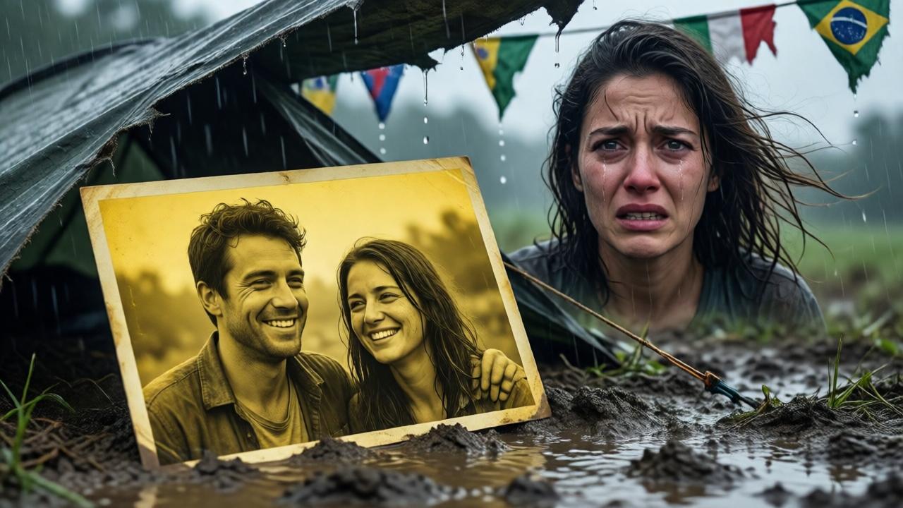 Ein vergilbtes Foto liegt im Schlamm unter einem zerrissenen Zeltdach. Darauf zu sehen: ein lächelnder Italiener mit einer anderen Frau, beide glücklich. Im Hintergrund eine wütende Brasilianerin mit Tränen in den Augen, der Wind zerzaust ihr Haar. Regen tropft von zerfetzten Fahnen. Stimmung: melancholisch, schmerzhaft, dramatisch. Stil: Nahaufnahme des Fotos mit Fokus auf Details, weiches Licht, Regen und Schlamm erzeugen eine düstere Atmosphäre.