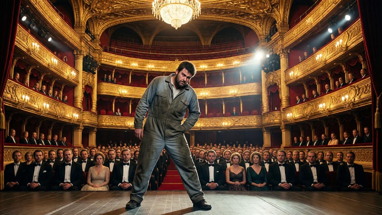 Ein prunkvolles Opernhaus mit goldenen Verzierungen, Kristalllüster und rotem Samt. Im Vordergrund ein unscheinbarer Bühnenarbeiter in schmutzigem Overall, der verlegen auf der Bühne steht. Die Elite im Publikum in eleganten Smokings und Roben, einige mit verächtlichen Blicken. Dramatische Beleuchtung mit Schatten und Lichtstrahlen, die den Kontrast zwischen Armut und Reichtum betonen. Stil: Cinematic, farbenreich, emotionale Spannung.