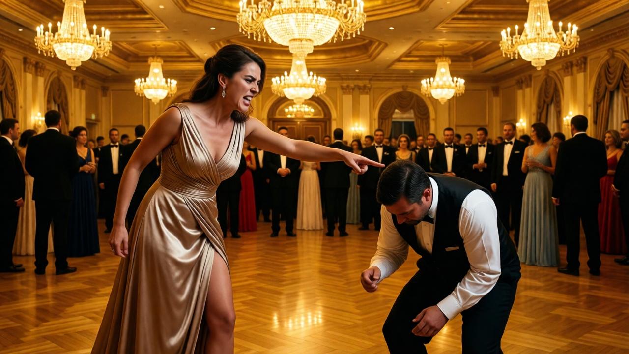 Ein goldener Ballsaal in Dubai, überflutet von warmem Licht aus riesigen Kronleuchtern. Im Vordergrund eine elegant gekleidete Frau in fließender Seide, ihr Gesicht verzerrt vor Wut, während sie auf einen demütig wirkenden Kellner in schwarzer Weste zeigt. Der Raum ist voller schweigender Gäste in Abendgarderobe, die Szene ist dramatisch beleuchtet mit tiefen Schatten und goldenen Reflexen. Stil: realistisch, filmisch, mit gesättigten Farben und einem Hauch von Melodramatik. Stimmung: angespannt, demütigend, elektrisierend.