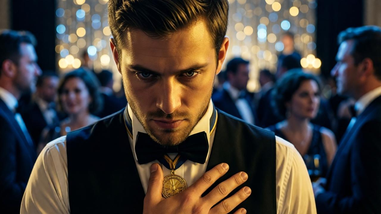 Nahaufnahme eines jungen Kellners mit gesenktem Kopf, eine Hand ruht auf seiner Brust, wo unter dem Hemd ein goldenes Medaillon sichtbar ist. Sein Gesicht ist ruhig, aber seine Augen brennen mit stiller Entschlossenheit. Im Hintergrund verschwimmen die schimmernden Lichter des Ballsaals und die undeutlichen Silhouetten der Gäste. Die Beleuchtung ist kontrastreich: warmes Gold auf seiner Haut, kaltes Blau auf den Gesichtern der Umstehenden. Stil: Porträtfotografie mit filmischer Tiefenschärfe, emotionale Intensität, Farbpalette aus Gold, Schwarz und tiefem Blau. Stimmung: geheimnisvoll, widerständig, dramatisch.
