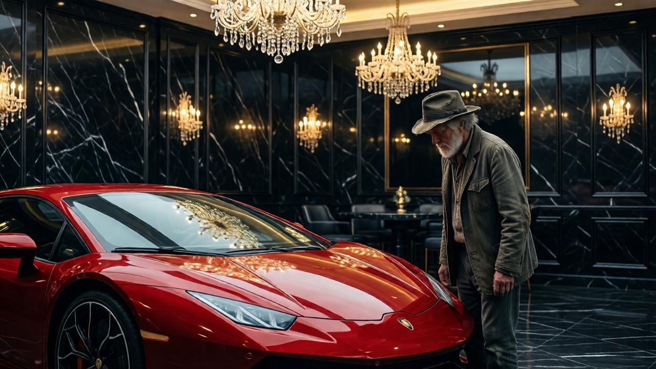 Ein ultra-luxuriöser Autosalon mit schwarzen Marmorwänden, funkelnden Kristalllüstern und einem scharlachroten Supersportwagen im Vordergrund, der wie ein Kunstwerk poliert ist. Ein alter Mann in abgetragener Kleidung mit einem zerfledderten Hut steht ehrfürchtig davor. Dramatische Beleuchtung, warme Goldtöne und kalte Marmorreflexe, filmische Atmosphäre, hoher Kontrast, Tiefenschärfe auf den alten Mann und das Auto.