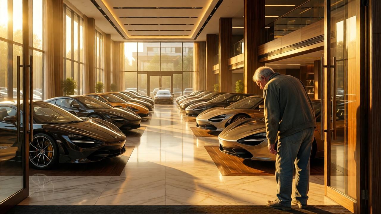 Eine weitläufige, ultra-luxuriöse Autohaus-Ausstellungshalle, gefüllt mit glänzenden Supersportwagen auf Podesten, warmes goldenes Sonnenlicht fällt durch gläserne Wände, exotische Hölzer und polierte Marmorböden reflektieren das Licht, ein alter Mann in abgetragener Kleidung steht zögernd am Eingang, sein gebeugter Rücken und zitternde Hände kontrastieren mit der opulenten Umgebung, Cinestill-Ästhetik, warme Farben, dramatische Schatten, filmisches 16:9-Format, emotionale Tiefe