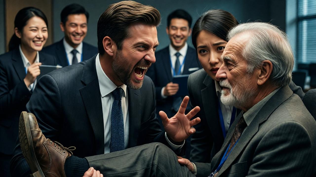 Nahaufnahme eines arroganten Verkaufsleiters Mitte 40 in makellosem Anzug, der einen alten Mann in löchrigen Schuhen anbrüllt, umstehende Verkäufer lachen hämisch im Hintergrund, eine junge Praktikantin mit nervösem Blick tritt heimlich von der Seite heran, flüstert dem alten Mann etwas zu, dramatische Beleuchtung mit harten Schatten, Kontrast zwischen Arroganz und Mitgefühl, filmischer Noir-Stil, warme und kalte Farbtöne gemischt, 16:9-Format