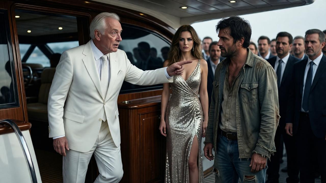 Ein älterer Herr in makellosem weißen Anzug tritt aus dem Schatten einer luxuriösen Yacht-Kabine, sein Gesicht ist bleich, die Augen weit aufgerissen, er zeigt auf einen schäbigen Mann in zerfetzten Jeans, die arrogante Dame im schimmernden Kleid steht erstarrt, die Menge im Hintergrund ist unscharf, dramatische Beleuchtung, Kontrast zwischen Armut und Reichtum, filmische Spannung, emotionale Auflösung, 1200x800