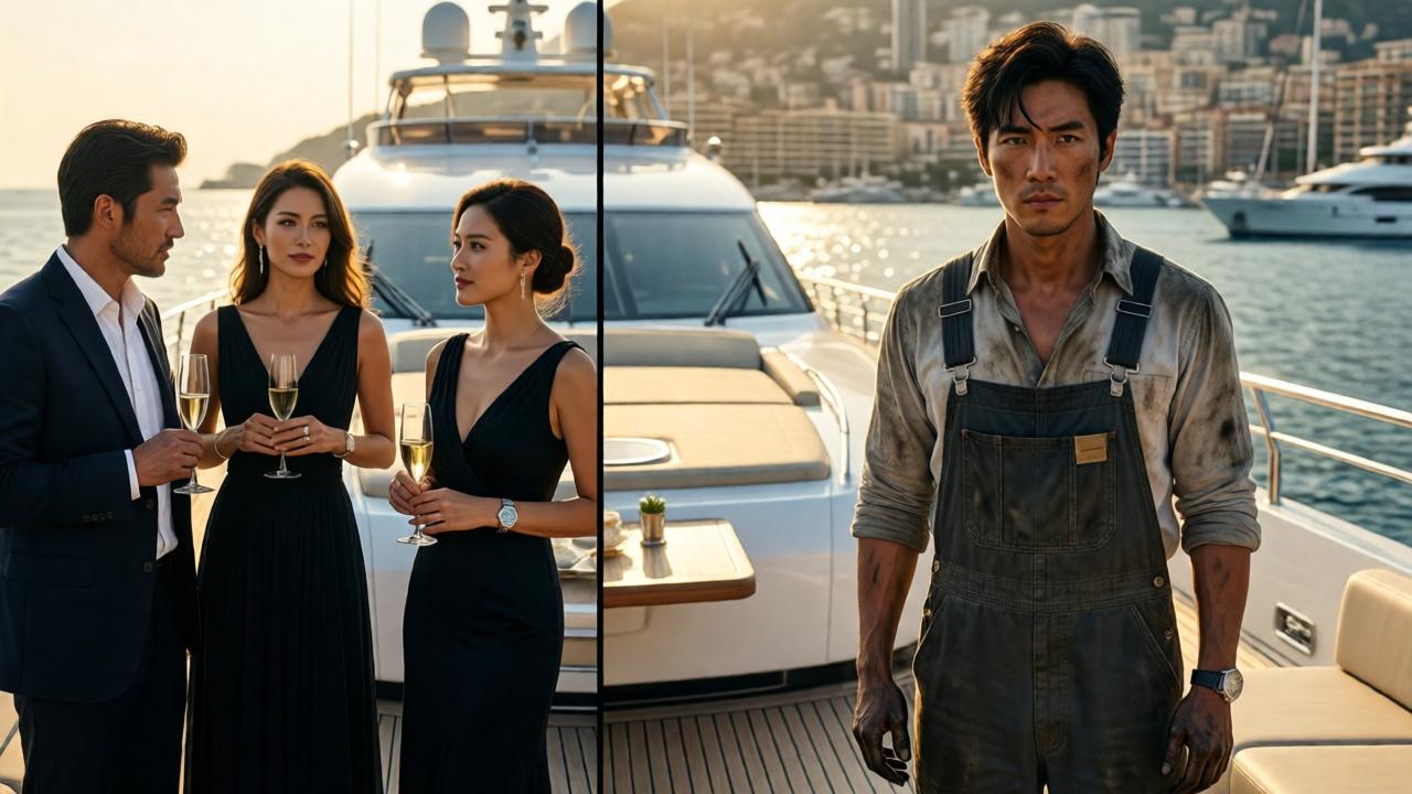 Eine luxuriöse 90-Meter-Yacht im Hafen von Monaco, sonnendurchflutetes Deck, glitzerndes Mittelmeer im Hintergrund, elegante Gäste in Abendgarderobe mit Champagnergläsern, teure Uhren blitzen, im Kontrast dazu ein schmächtiger asiatischer Mann in schmutzigem Overall, ölverschmierte Hände, unsicherer Blick, dramatische Lichtstimmung, Cinemascope-Format, tiefe Schatten, warme Goldtöne