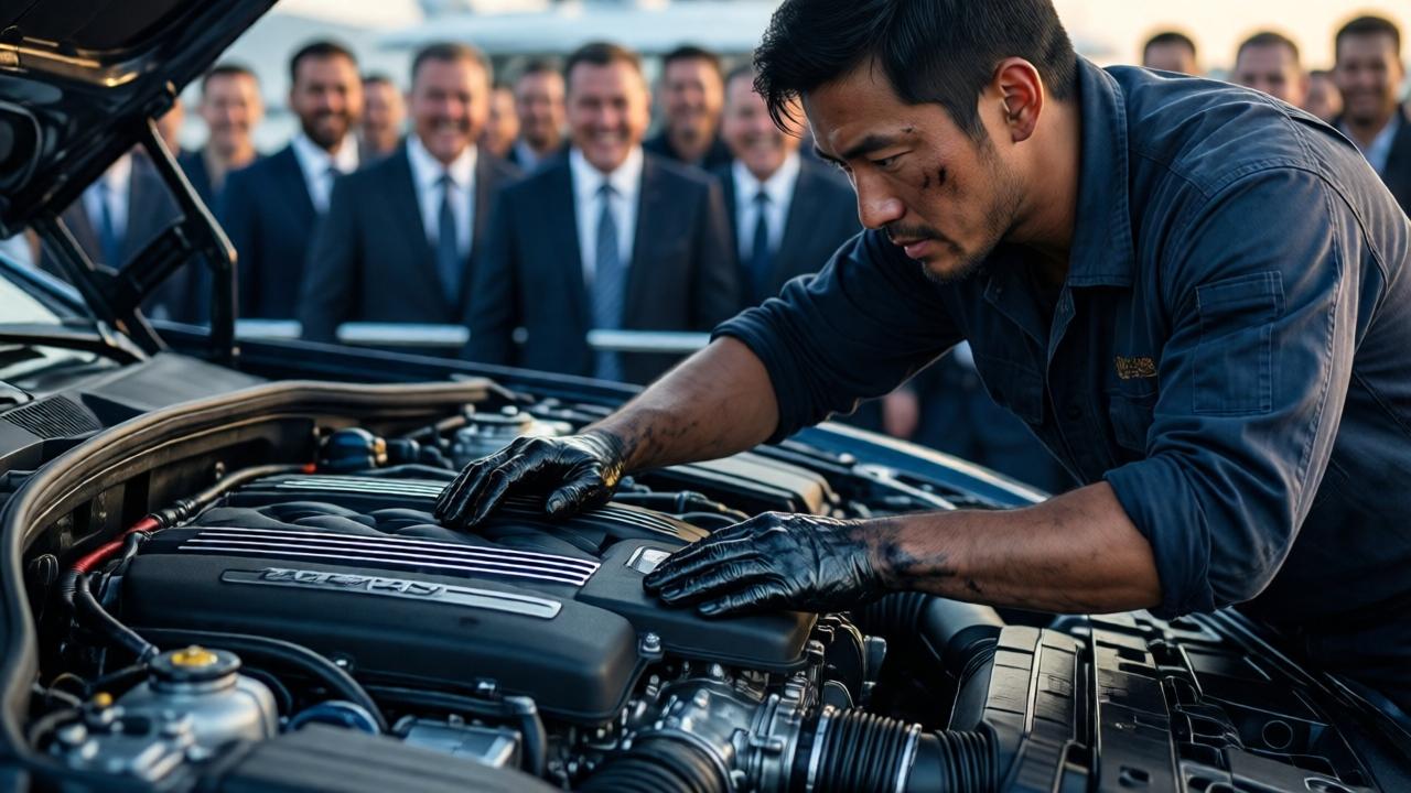 Nahaufnahme eines hochmodernen Automotors auf einem Yachtdeck, im Hintergrund verschwommene, lachende Gesichter von Milliardären, ein asiatischer Ingenieur mit ölverschmierten Händen beugt sich konzentriert über den Motor, seine ruhige Miene kontrastiert mit der feindseligen Menge, dramatische Beleuchtung, Fokus auf Details des Motors und die Hände des Ingenieurs, Cinemascope-Format, kühle Blautöne vermischen sich mit warmem Goldlicht