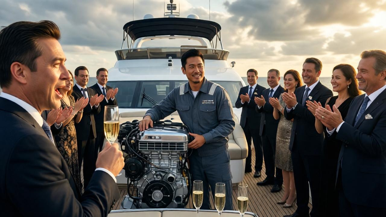 Atemberaubender Moment auf dem Yachtdeck: Ein asiatischer Ingenieur steht stolz, aber bescheiden neben einem laufenden Motor, um ihn herum eine Menge reicher Gäste, die ihm stehend applaudieren, der CEO im Vordergrund mit blassem Gesicht und offenem Mund, Champagnergläser werden erhoben, Sonnenlicht bricht sich in Diamanten und Kristallen, triumphale, emotionale Stimmung, Cinemascope-Format, dramatische Wolkenbildung am Himmel, goldene Stunde