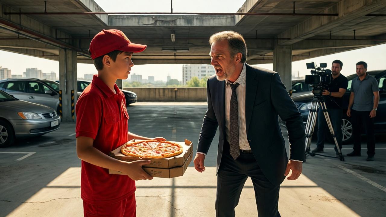 Ein verlassenes Parkhausdach in der Gluthitze eines Sommertags. Ein junger Lieferbote in roter Uniform steht mit Pizzakartons in den Händen, während ein älterer, wütender Regisseur in teurer Kleidung ihn anbrüllt. Das Filmteam im Hintergrund schaut erschrocken. Dramatische Schatten, intensive Farben, filmische Komposition mit Weitwinkelperspektive, die die Machtdynamik betont.