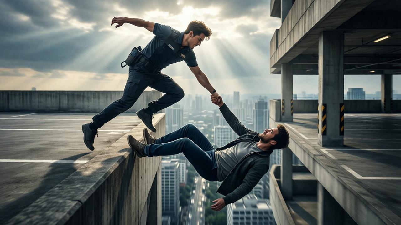 Ein junger Lieferbote in Aktion: Er springt über den Beton eines Parkhausdaches, greift die Hand eines fallenden Schauspielers und zieht ihn mit einer dynamischen Bewegung zurück. Der Schauspieler hängt über dem Abgrund, die Stadt unter ihnen verschwommen. Dramatische Lichtstrahlen durchbrechen Wolken, hoher Kontrast, Kameraeinstellung aus niedriger Perspektive, die die Heldentat betont. Cinematic, emotional, wie ein Standbild aus einem Blockbuster.