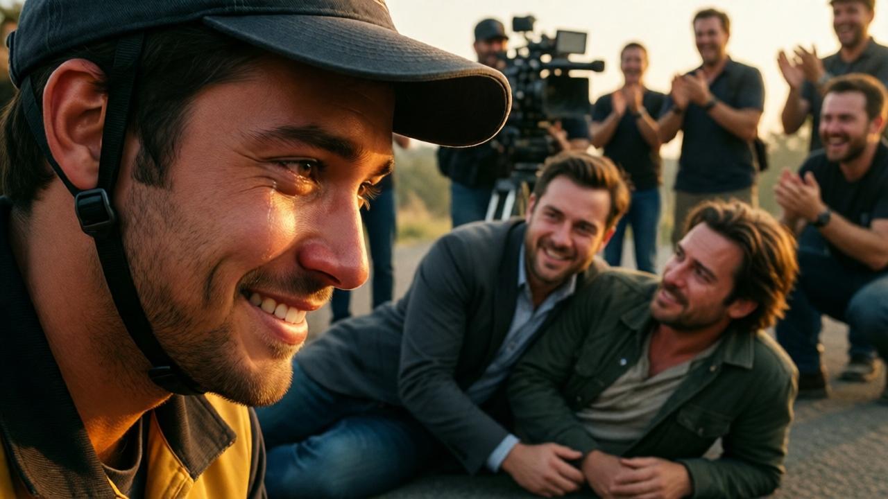 Nahaufnahme des Gesichts eines jungen Lieferboten, der schüchtern lächelt, während ein berühmter Regisseur und ein am Boden liegender Schauspieler ihn ehrfürchtig ansehen. Das Filmteam im Hintergrund jubelt und klatscht. Warmes, goldenes Licht der untergehenden Sonne, emotionale Stimmung, Tränen in den Augen, Hoffnung und Versöhnung. Porträtstil mit weichem Fokus, filmische Ästhetik, tiefe Schatten und helle Akzente.