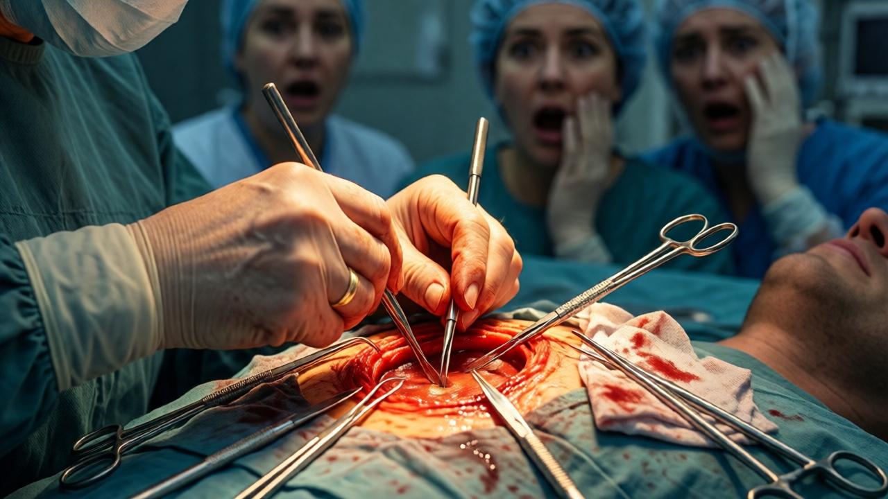 Nahaufnahme der Hände einer älteren Frau, die mit chirurgischer Präzision an einem offenen Brustkorb eines Patienten arbeiten. Die Hände sind ruhig und geübt, umgeben von sterilen Instrumenten und blutigen Tüchern. Im Hintergrund verschwimmen die Gesichter der Ärzte und Schwestern, die in Schockstarre verharren. Der Stil ist hyperrealistisch, mit warmen, goldenen Lichtreflexen auf den Instrumenten, die einen Kontrast zur kalten, blauen Beleuchtung des OP-Saals bilden. Die Stimmung ist konzentriert und ehrfürchtig.
