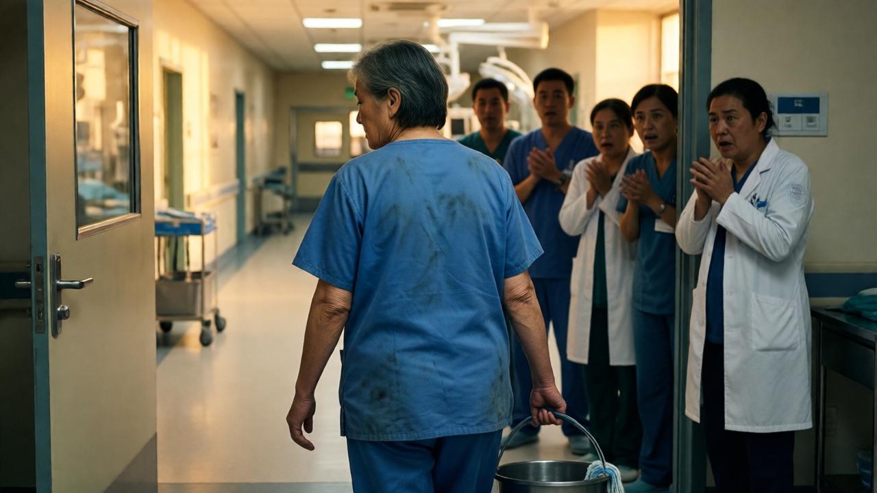 Eine ältere Frau in einem abgetragenen, blauen Putzkittel verlässt einen hell erleuchteten Operationssaal. Sie hält einen Putzeimer in der Hand, ihr Rücken ist gerade, ihr Kopf leicht gesenkt. Im Hintergrund stehen Ärzte und Schwestern in weißen Kitteln, erstarrt in Ehrfurcht und Schock, ihre Gesichter halb im Schatten. Die Tür des OP-Saals ist geöffnet und gibt den Blick auf einen langen, leeren Krankenhausflur frei, der in goldenes Abendlicht getaucht ist. Der Stil ist cineastisch, mit weichem Fokus und einer warmen, melancholischen Farbpalette, die die Würde und Demut der Frau betont.