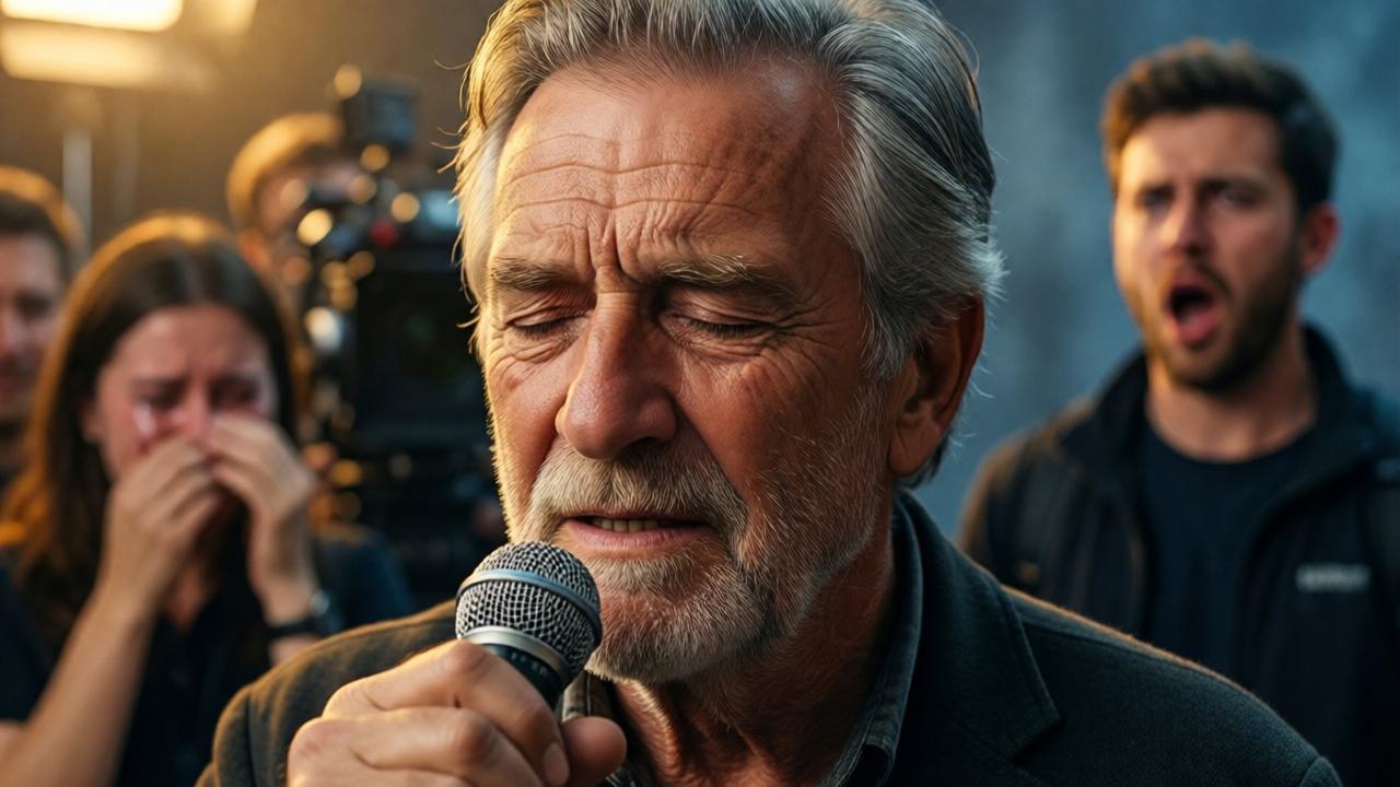 Nahaufnahme eines älteren Mannes mit grauen Haaren und tiefen Falten, der ein Mikrofon hält. Seine Augen sind geschlossen, sein Gesicht ist voller Konzentration und verhaltener Emotion. Im unscharfen Hintergrund weinen Studio-Techniker, ein junger Regisseur steht erstarrt mit offenem Mund. Warmes, goldenes Licht umhüllt den Älteren, während der Hintergrund in Blau- und Grautönen verschwimmt. Hochdetaillierte Porträtfotografie, weicher Fokus, filmische Tiefe.