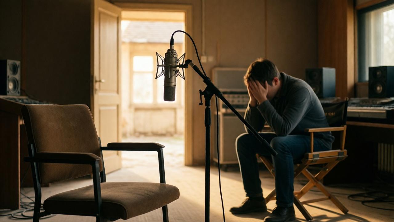 Ein verlassenes Aufnahmestudio nach der Szene. Im Vordergrund ein leerer Stuhl und ein Mikrofon auf einem Ständer, im Hintergrund eine halb geöffnete Tür, durch die warmes Licht fällt. Ein junger Regisseur sitzt zusammengesunken auf einem Stuhl, den Kopf in den Händen. Die Stimmung ist nachdenklich, melancholisch, aber auch hoffnungsvoll. Weiche Schatten, warme Erdtöne, leichte Unschärfe, die den Moment der Stille und Reflexion einfängt.