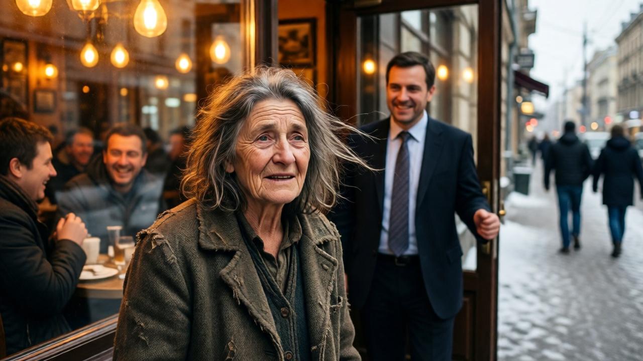 Eine ältere, zerlumpte Bettlerin steht vor einem hell erleuchteten Restaurantfenster, hinter dem warme Lichter und lachende Gäste zu sehen sind. Ihr Gesicht ist müde und hoffnungsvoll, der Wind weht durch ihr graues Haar. Der Restaurantleiter, ein Mann in Anzug, öffnet die Tür und lächelt einladend. Im Hintergrund eine verschneite Straße mit vorbeigehenden Passanten. Stil: realistisch, dramatisch, herbstliche Farben, warmes Licht, leichte Unschärfe im Hintergrund, um den Fokus auf die Figuren zu legen. Stimmung: mitfühlend, hoffnungsvoll.