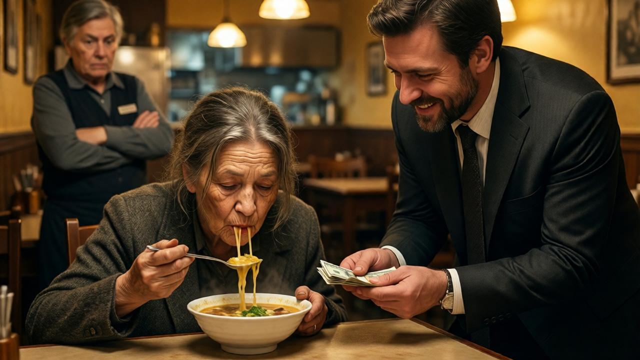 In einem schummrigen Restaurant sitzt eine ältere, schmutzige Frau an einem Tisch und isst gierig Suppe aus einer Schale. Neben ihr steht ein freundlich lächelnder Mann im Anzug, der ihr eine Handvoll Geldscheine reicht. Im Hintergrund eine ältere Angestellte mit verschränkten Armen, die misstrauisch blickt. Stil: realistisch, warme Beleuchtung, goldene Töne, leichte Schatten, um die Emotionen zu betonen. Stimmung: berührend, spannungsgeladen.