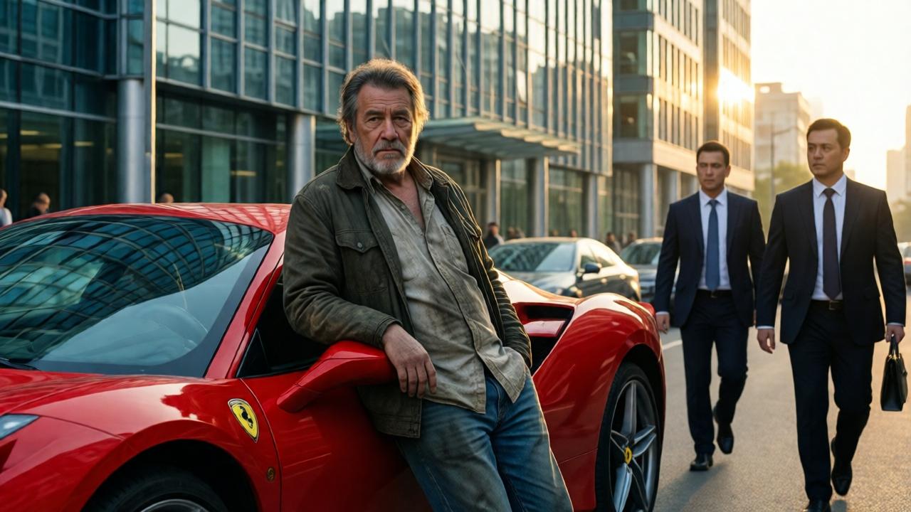 Ein älterer Mann in abgetragener, ölverschmierter Kleidung lehnt entspannt an einem glänzenden roten Ferrari. Im Hintergrund spiegeln sich die ersten Sonnenstrahlen in den Glasfassaden eines modernen Hochhauses. Vorbeieilende Geschäftsleute in eleganten Anzügen werfen misstrauische Blicke. Die Szene ist kontrastreich: Luxus und Armut, Makellosigkeit und Arbeit. Cinematic, dramatisch, mit warmem Morgenlicht und Schatten, die die Spannung betonen.