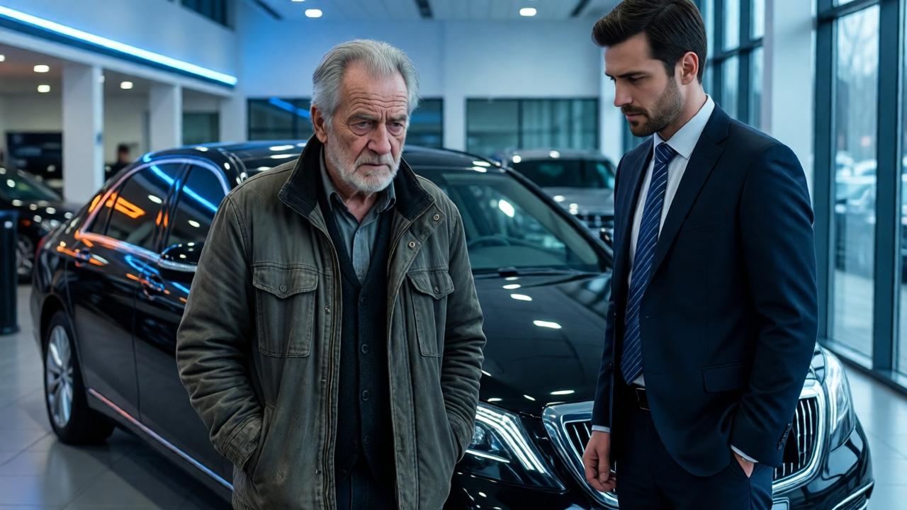 Ein älterer Mann in abgetragener Jacke steht vor einer schwarzen Luxuslimousine in einem hell erleuchteten Autohaus. Sein Gesicht ist von tiefen Falten gezeichnet, die Hände in den Taschen vergraben. Neben ihm ein Verkäufer in teurem Anzug, der arrogant auf ihn herabblickt. Kühles Neonlicht, glänzende Böden, Atmosphäre der Demütigung und Ungerechtigkeit. Stil: dramatisch, filmisch, wie eine Szene aus einem Sozialdrama. Farben: kühle Blautöne mit warmen Akzenten auf dem Auto.