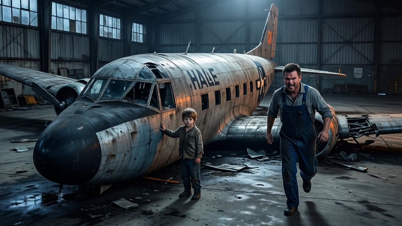 Ein verlassener, düsterer Hangar in der Abenddämmerung, ein zerstörtes HALE-Flugzeug mit zerknitterten Tragflächen liegt auf dem Betonboden, ein kleiner Junge in zerrissener Kleidung steht davor und berührt die kalte Metallhaut, ein wütender Mechaniker im Overall stürmt herbei, dramatisches Licht von oben, Schatten, raue Texturen, Ölflecken, Stimmung von Verfall und Hoffnung, Kameraeinstellung von schräg oben, dramatische Farben: Grau, Blau, Orange, 1200x800 Pixel