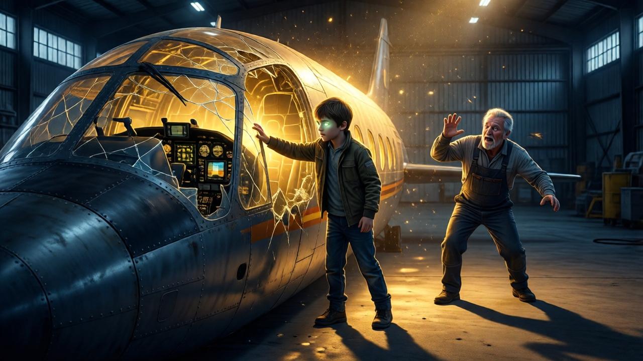 Innenansicht eines dunklen Hangars, ein Junge mit leuchtenden Augen legt seine Hand auf die zertrümmerte Kanzel eines HALE-Flugzeugs, goldenes Licht strahlt aus dem Rumpf, Instrumente flackern, ein älterer Mechaniker tritt erschrocken zurück, sein Schatten fällt lang auf den Boden, dramatische Lichtkontraste, Staubpartikel im Licht, Hoffnung und Magie in der Luft, Kameraeinstellung aus der Froschperspektive, warme Farben: Gold, Bernstein, Dunkelblau, 1200x800 Pixel