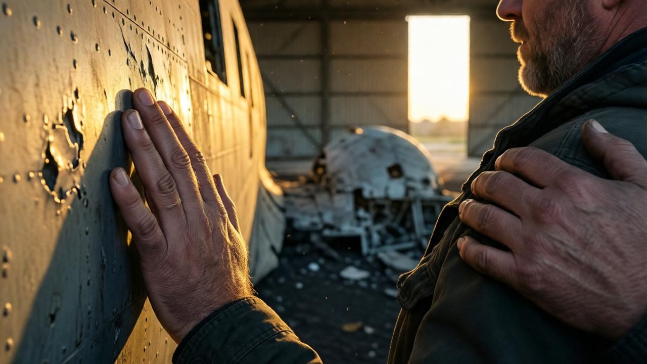 Nahaufnahme von Lukas' Händen, die das zerbeulte Metall des Flugzeugs berühren, goldener Lichtschein auf seinen Fingern, Karls schmutzige Hand legt sich sanft auf seine Schulter, Hintergrund: verschwommenes Wrack des HALE-Flugzeugs, warmes Abendlicht fällt durch die Hangartür, Staubkörner schweben, Stimmung von Versöhnung und neuem Anfang, weiche Fokussierung, emotionale Tiefe, Farben: Gold, Sepia, sanftes Blau, 1200x800 Pixel
