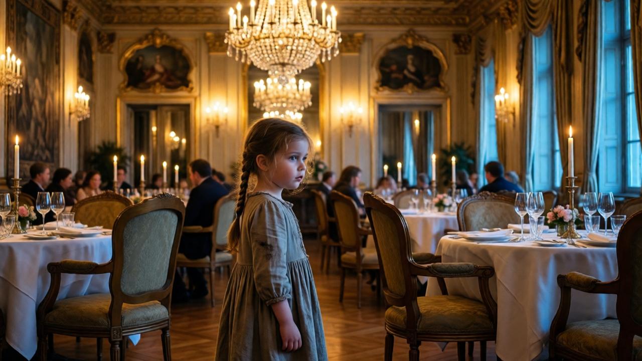 Ein luxuriöses Restaurant in München mit warmem Kerzenlicht, Kristalllüstern und elegant gedeckten Tischen. Im Vordergrund ein kleines Mädchen mit blondem Zopf und abgetragenem Kleid, das unsicher zwischen den Tischen steht. Der Kontrast zwischen Pracht und Zerbrechlichkeit ist greifbar. Stil: cineastisch, dramatisch, mit weichem Fokus auf das Kind. Farben: warme Goldtöne und kühle Blautöne. Komposition: zentriert, das Kind als Mittelpunkt.