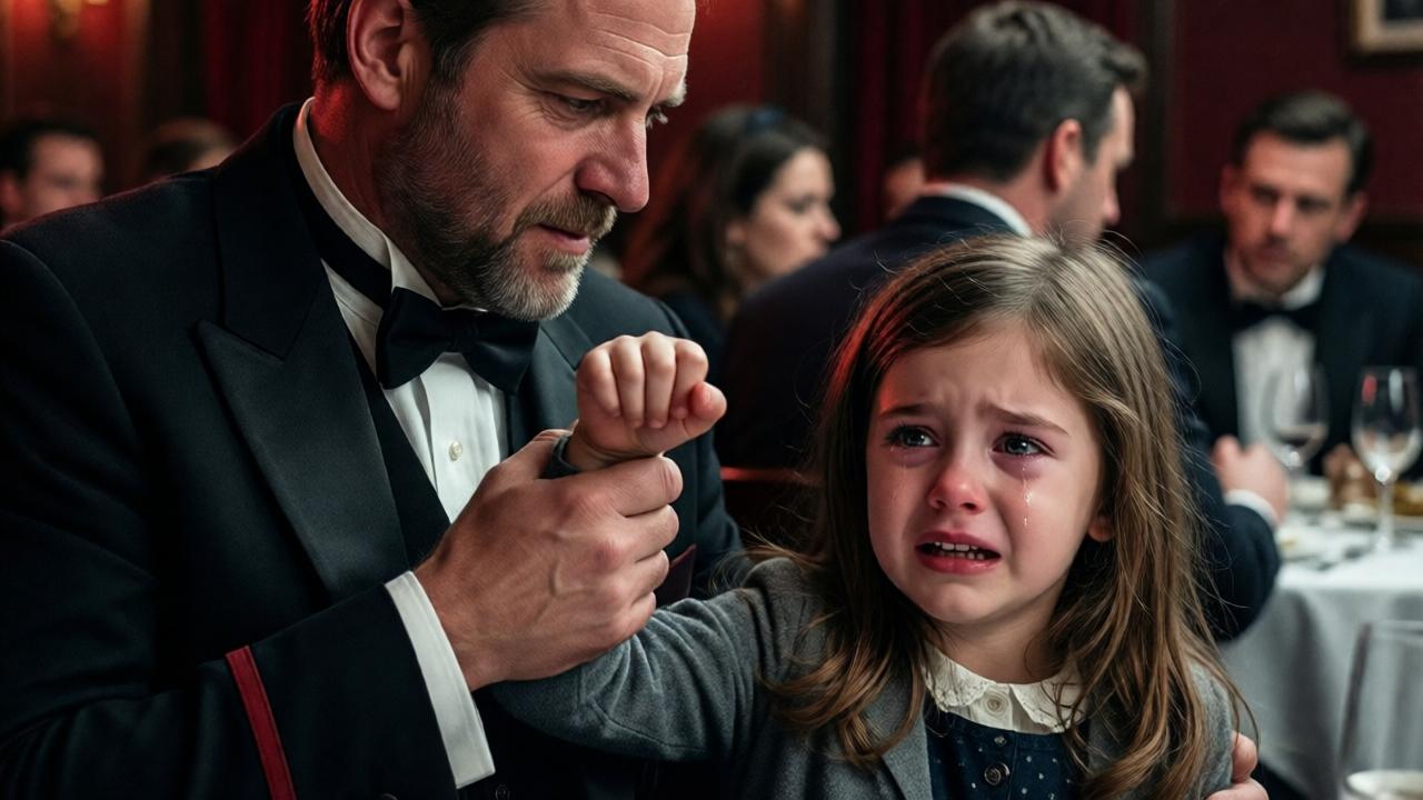 Nahaufnahme einer strengen Restaurantleiterin in eleganter Uniform, die grob den Arm eines kleinen Mädchens packt. Das Mädchen hat Tränen in den Augen, ihr Gesicht ist verängstigt. Im Hintergrund verschwommene Gäste, die wegschauen. Dramatische Beleuchtung mit harten Schatten. Stil: film noir, emotional intensiv. Farben: dunkle Rot- und Grautöne. Komposition: Fokus auf die Hand der Leiterin und die zitternde Hand des Kindes.