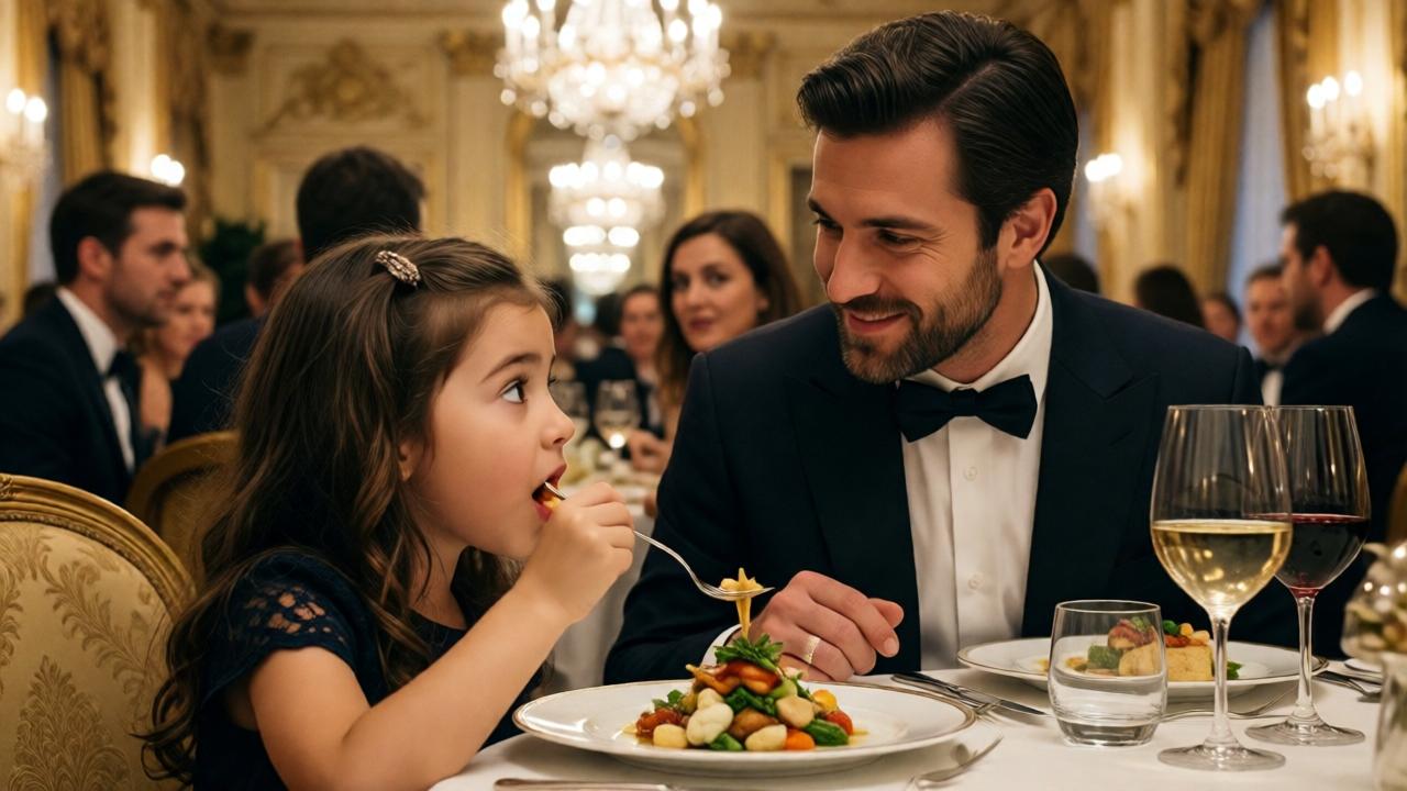 Ein Mann im eleganten Anzug sitzt einem kleinen Mädchen gegenüber an einem gedeckten Tisch. Das Mädchen isst mit großen Augen ein kunstvoll angerichtetes Gericht. Der Mann lächelt sanft, im Hintergrund verschwommene Kristalllüster und neugierige Blicke anderer Gäste. Stil: herzerwärmend, cineastisch, mit weichem Licht. Farben: warme Gold- und Cremetöne. Komposition: seitliche Perspektive, die Verbindung zwischen den beiden betonend.
