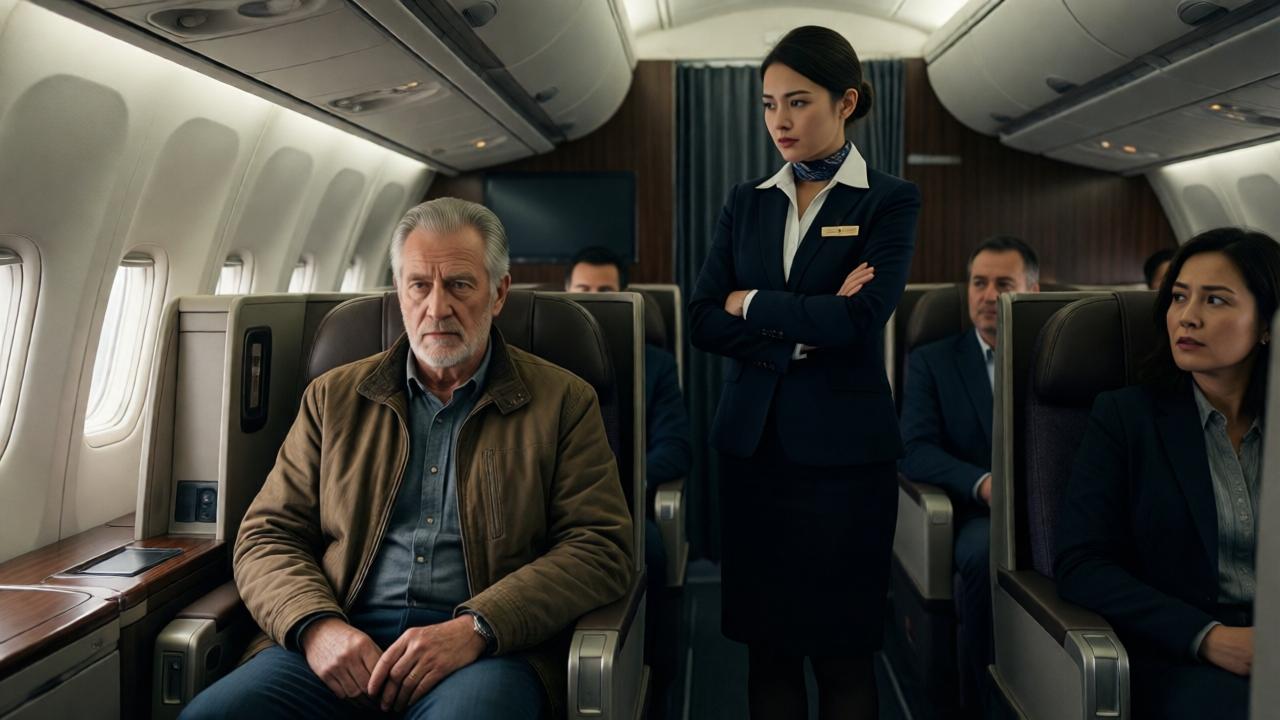 Ein älterer Mann in einer schlichten braunen Jacke sitzt ruhig in einem luxuriösen Business-Class-Flugzeuginnenraum, gedimmtes Kabinenlicht, eine angespannte Flugbegleiterin steht mit verschränkten Armen vor ihm, mehrere Passagiere beobachten die Szene neugierig, Kameraperspektive von der Seite, warme und dennoch kühle Farbtöne, filmische Atmosphäre