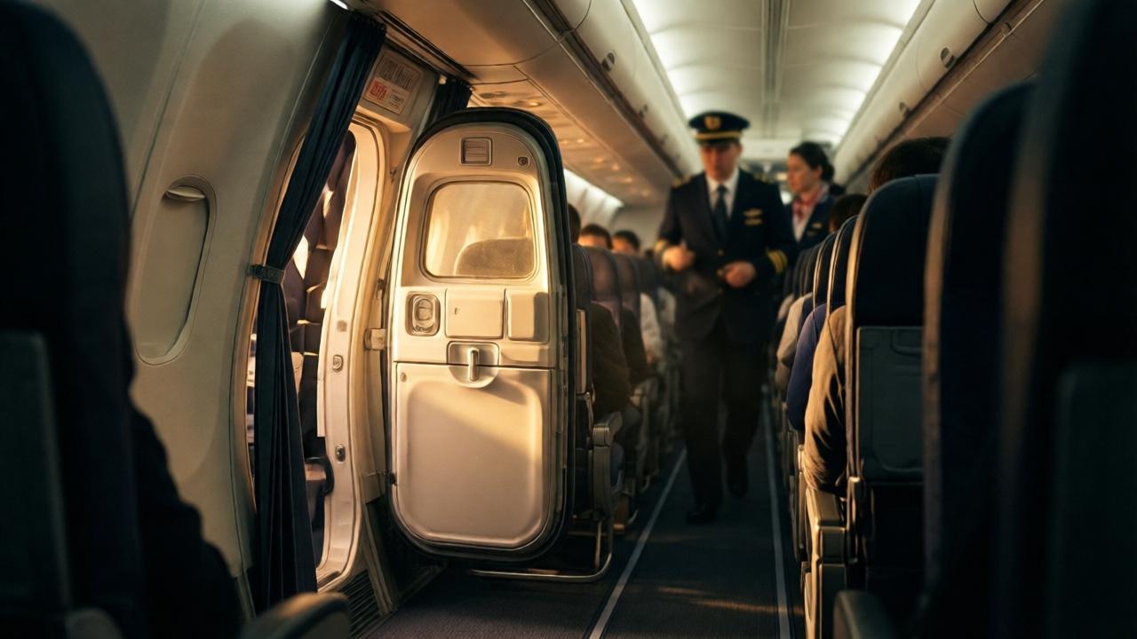 Eine Cockpittür öffnet sich langsam in einem schmalen Flugzeuggang, warmes Licht fällt von innen heraus, ein Pilot in Uniform tritt heraus, im Hintergrund undeutlich eine Gruppe stehender Passagiere und eine Flugbegleiterin, dramatische Schatten, leichte Unschärfe, erhöhte Spannung, Kamerablick aus der Hüfthöhe