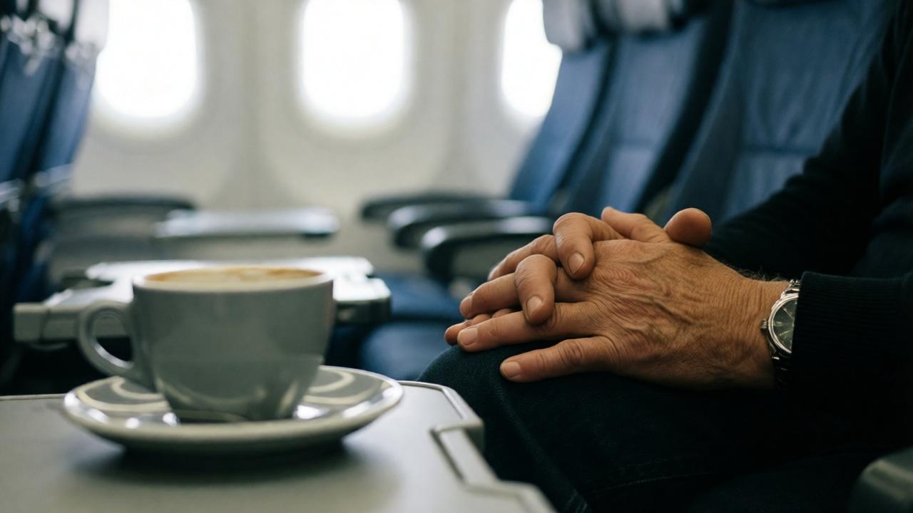 Eine Nahaufnahme der Hände eines älteren Mannes, die ruhig auf seinen Knien liegen, im Vordergrund eine unscharfe silberne Kaffeetasse auf einem Klapptisch, im Hintergrund verschwimmende Silhouetten von Flugzeugfenstern und Sitzreihen, weiches, diffuses Licht, kontemplative Stimmung, symbolisch für Geduld und Würde