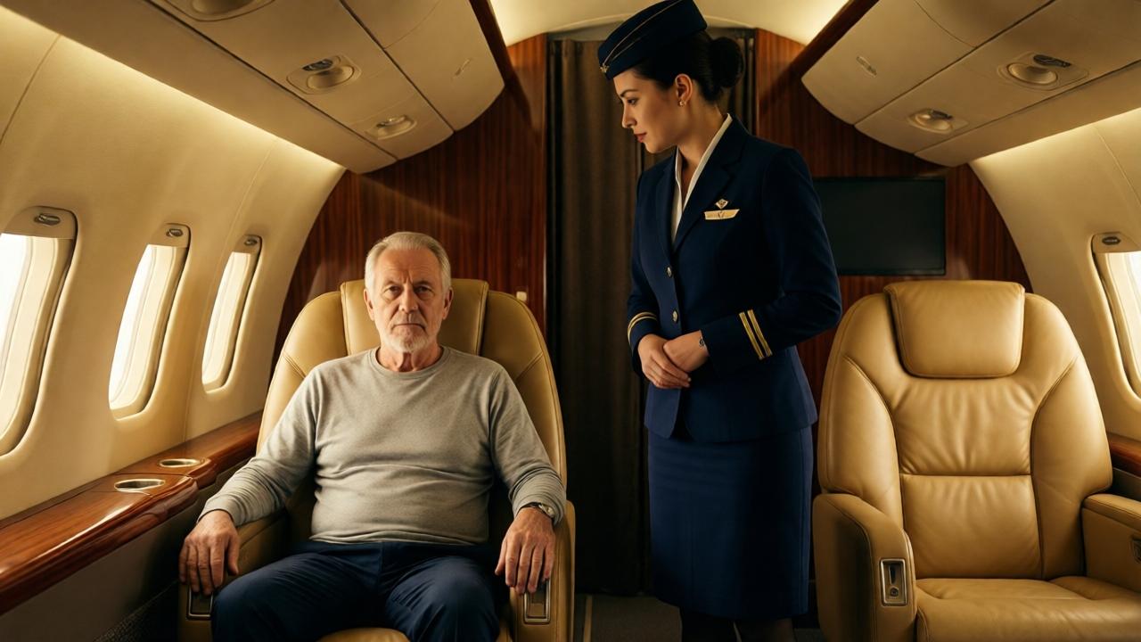 Ein eleganter, aber angespannter Flugzeuginnenraum der ersten Klasse in warmen Gold- und Cremetönen. Ein älterer Mann in schlichter Kleidung sitzt ruhig in einem Ledersessel, während ein uniformierter Flugbegleiter mit gezwungener Höflichkeit vor ihm steht. Die Beleuchtung ist dramatisch, mit Schatten, die die Anspannung betonen. Stil: realistisch, filmisch, mit emotionaler Tiefe, Farben: warmes Gold, dunkles Blau, weiches Weiß.