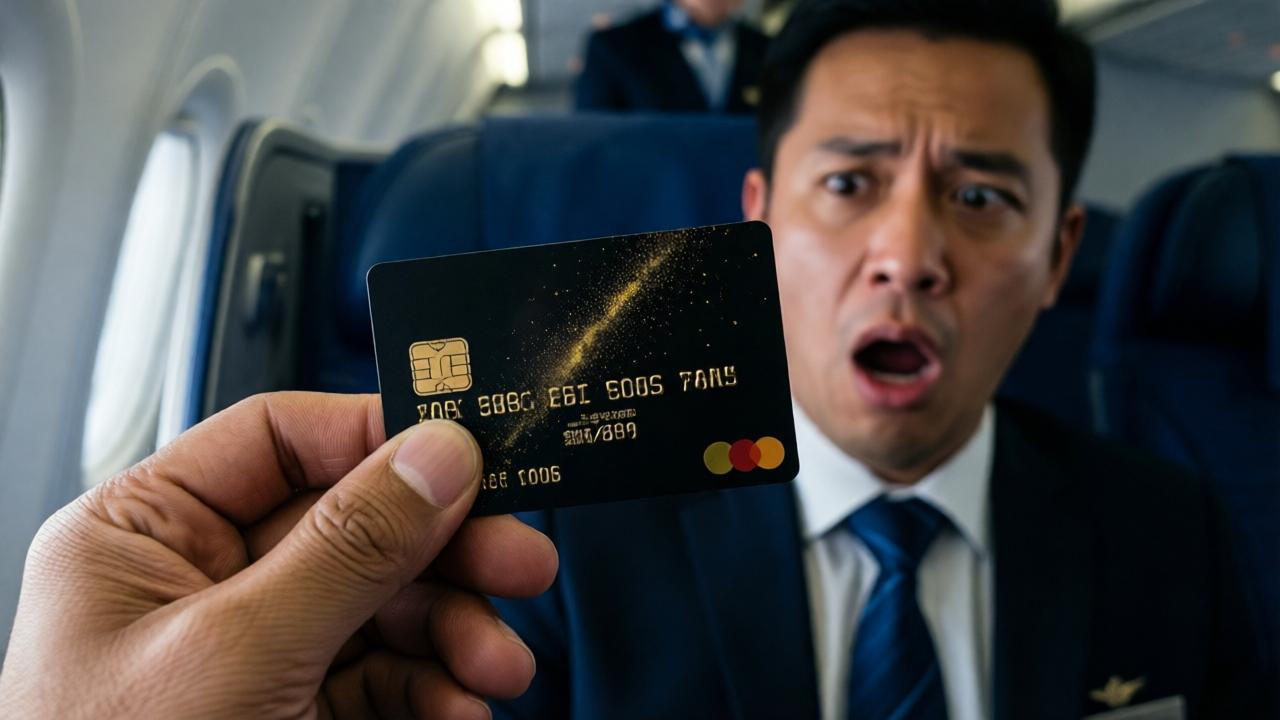 Nahaufnahme einer Hand, die eine schwarze Karte mit goldenen Details hält, vor dem Hintergrund eines luxuriösen Flugzeugsitzes. Die Finger sind runzelig und zeigen das Alter des Besitzers, die Karte glänzt im schwachen Kabinenlicht. Der Flugbegleiter ist unscharf im Hintergrund, sein Gesicht voller Schock und Reue. Stil: cineastisch, mit Fokus auf Textur und Kontrast, Farben: Schwarz, Gold, tiefes Blau, weiches Weiß.