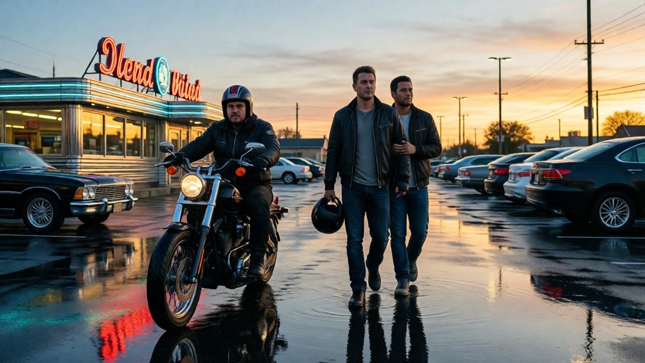Ein Biker und ein junger Schläger verlassen ein Diner der 1950er Jahre und gehen über einen regennassen Parkplatz, das Neonschild spiegelt sich in Pfützen, der Himmel klart auf mit einem Hauch von Sonnenuntergang, der Helm des Bikers unter dem Arm des jungen Mannes, Stimmung der Hoffnung und Entschlossenheit, filmische Weitwinkelaufnahme, nasse Asphaltreflexionen, fotorealistischer Stil.