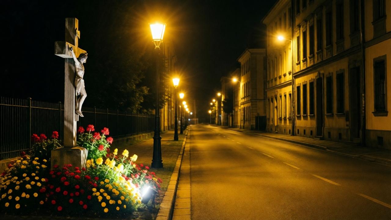 Eine menschenleere nächtliche Straße, beleuchtet von warmen gelben Straßenlaternen, die einen sanften Schein auf den Asphalt werfen. Links ein Kruzifix auf einem Betonsockel, umgeben von leuchtend roten und gelben Blumen, von unten angestrahlt von einem hellen Licht. Die Gebäude rechts und links sind dunkel, nur die Laternen und das Kruzifix erhellen die Szene. Stimmung: dramatisch, geheimnisvoll, melancholisch. Stil: realistisch, mit tiefen Schatten und kontrastreichen Lichtquellen. Farben: warmes Gelb, tiefes Schwarz, leuchtendes Rot und Gelb der Blumen.
