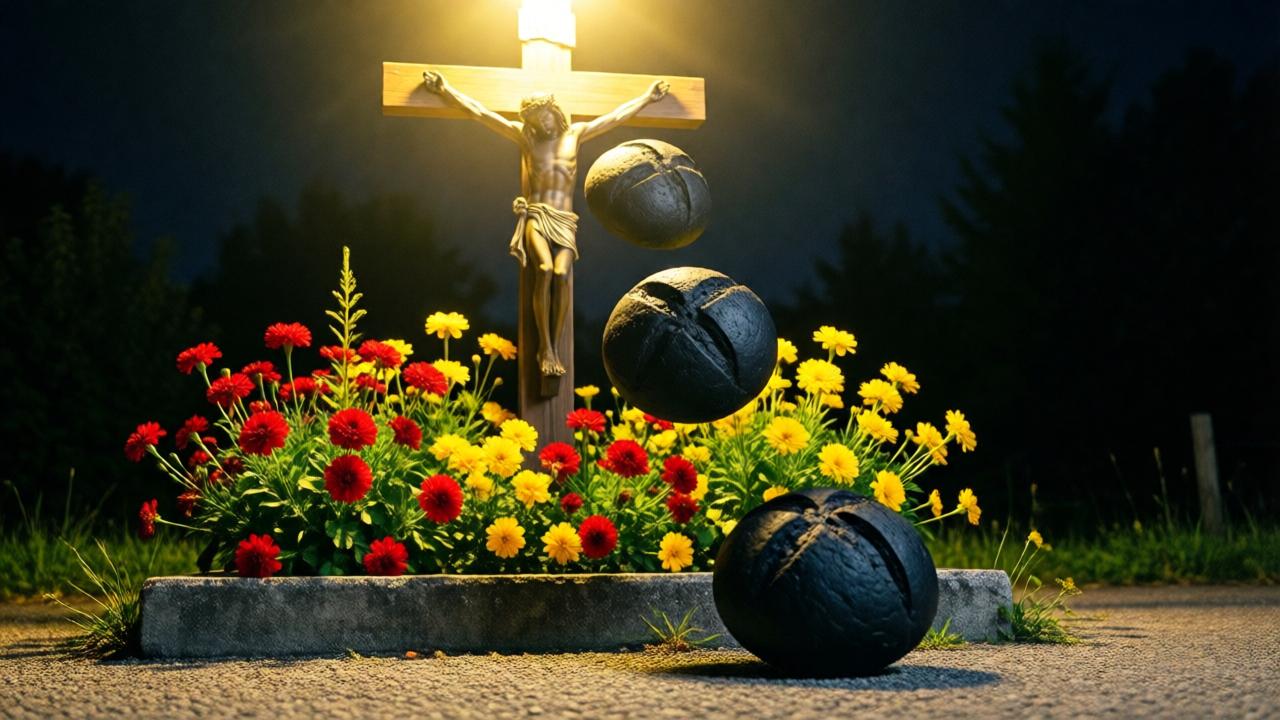 Nahaufnahme des Kruzifixes auf dem Betonsockel, umgeben von roten und gelben Blumen. Von unten wird das Kreuz von einem hellen Licht angestrahlt. Drei runde, schwarze Brote fallen vom Kreuz herab, noch in der Luft schwebend, bevor sie auf dem Asphalt landen. Die Szene ist dramatisch und unwirklich, mit einem starken Kontrast zwischen dem hellen Licht und der Dunkelheit der Nacht. Stil: surreal, fast magisch, mit lebendigen Farben. Farben: Schwarz der Brote, leuchtendes Rot und Gelb der Blumen, warmes Gelb des Lichts.