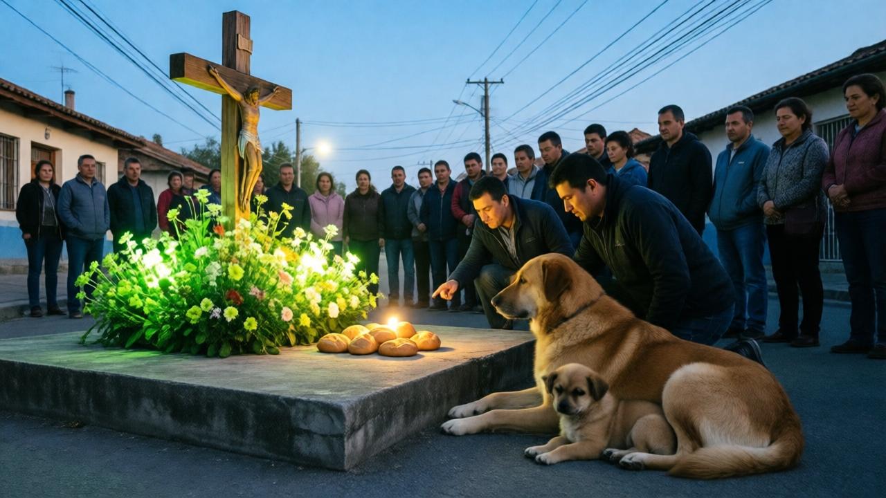 Am nächsten Morgen: Die gleiche Straße bei Tageslicht, aber immer noch mit den Spuren der Nacht. Der Betonsockel des Kruzifixes ist von Blumen umgeben, die jetzt im Morgenlicht leuchten. Eine Menschenmenge steht vor dem Sockel, einige knien, andere zeigen auf die Stelle, wo die Brote lagen. Ein großer hellbrauner Hund und zwei kleine Welpen liegen friedlich daneben, als ob sie auf weitere Wunder warten. Stimmung: andächtig, hoffnungsvoll, feierlich. Stil: realistisch, mit weichem Morgenlicht und sanften Schatten. Farben: helles Blau des Himmels, leuchtendes Grün der Blumen, warmes Braun der Hunde.